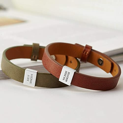 Custom Leather Bracelet Roman Numerals, Personalized Gifts for Boyfriend
