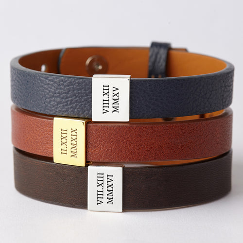 Custom Leather Bracelet Roman Numerals, Personalized Gifts for Boyfriend